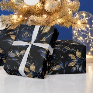 Elegant Navy Blue and Gold Rose Floral Pattern Wrapping Paper