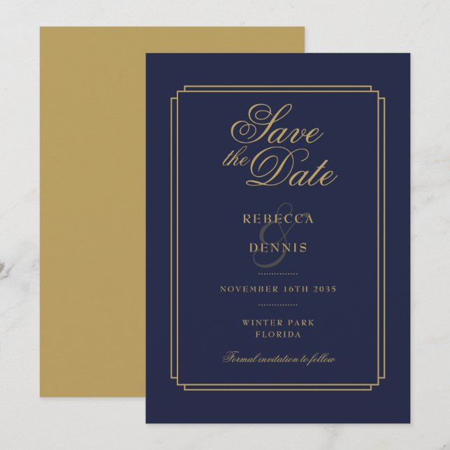 Elegant Navy Blue and Gold Script Art Deco Wedding Save The Date (Front/Back)