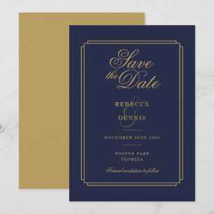 Elegant Navy Blue and Gold Script Art Deco Wedding Save The Date