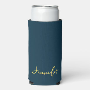 Elegant Navy Blue And Gold Script Personalized Seltzer Can Cooler
