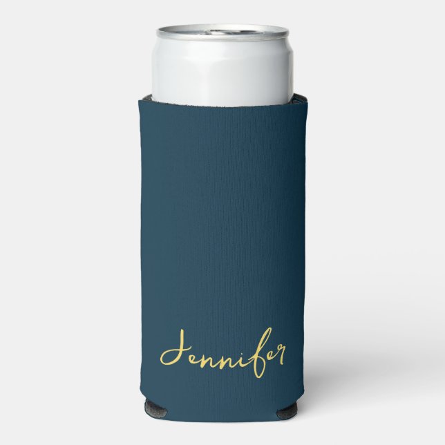 Elegant Navy Blue And Gold Script Personalized Seltzer Can Cooler (Seltzer Front)