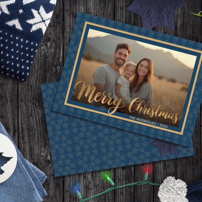 Elegant Navy Blue and Gold Stars Christmas Photo Holiday Card (Elegant Navy Blue and Gold Stars Christmas Photo Holiday Card)
