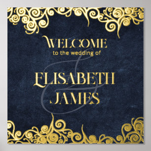 Elegant Navy Blue And Gold Swirl Wedding Welcome Foil Prints