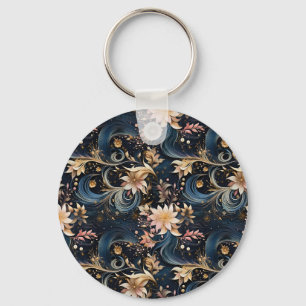Elegant Navy Blue And Gold Vintage Floral Keychain
