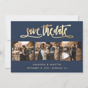 Elegant Navy Blue and Gold Wedding 3 Photo Save The Date