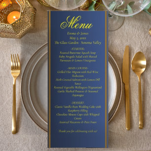 Elegant Navy Blue and Gold Wedding Menu Card
