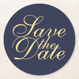 Elegant Navy Blue and Gold Wedding Save the Date Round Paper Coaster