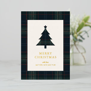 Elegant Navy Blue and Green Plaid Christmas Foil Holiday Card