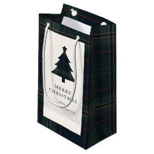 Elegant Navy Blue and Green Plaid Christmas Small Gift Bag