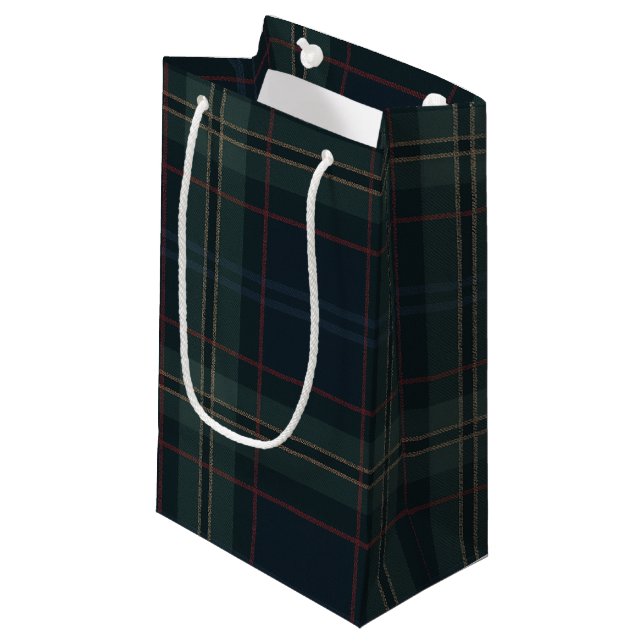 Elegant Navy Blue and Green Plaid Christmas Small Gift Bag (Front Angled)