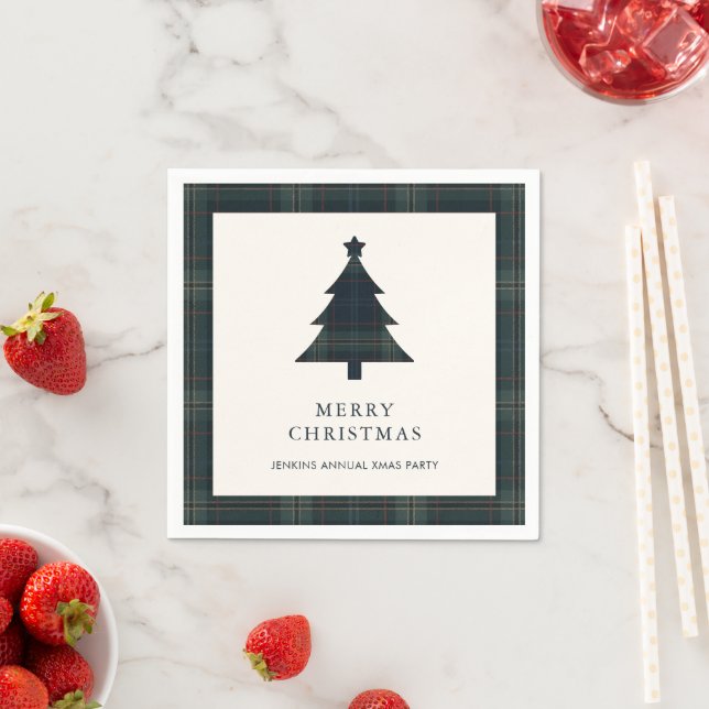 Elegant Navy Blue and Green Plaid Christmas Tree Napkin (Insitu)