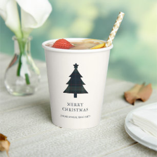 Elegant Navy Blue and Green Plaid Christmas Tree Paper Cups