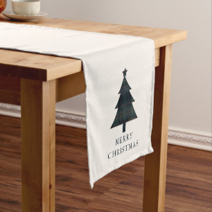 Elegant Navy Blue and Green Plaid Christmas Tree Short Table Runner