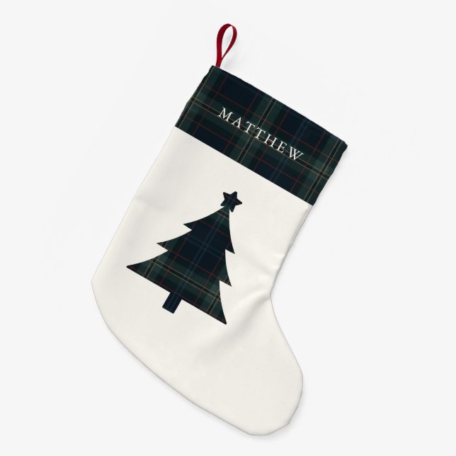 Elegant Navy Blue and Green Plaid Christmas Tree Small Christmas Stocking (Front (Hanging))