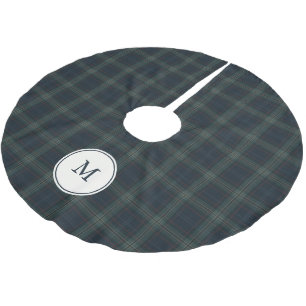 Elegant Navy Blue and Green Plaid Monogram Brushed Polyester Tree Skirt