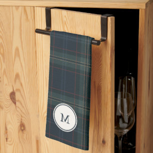 Elegant Navy Blue and Green Plaid Monogram Kitchen Towel