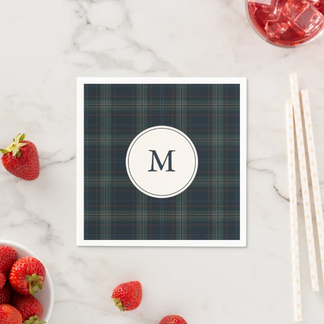 Elegant Navy Blue and Green Plaid Monogram Napkin (Insitu)