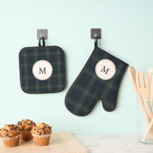 Elegant Navy Blue and Green Plaid Monogram Oven Mitt & Pot Holder Set