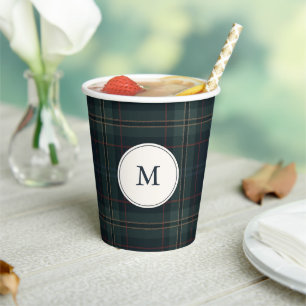 Elegant Navy Blue and Green Plaid Monogram Paper Cups