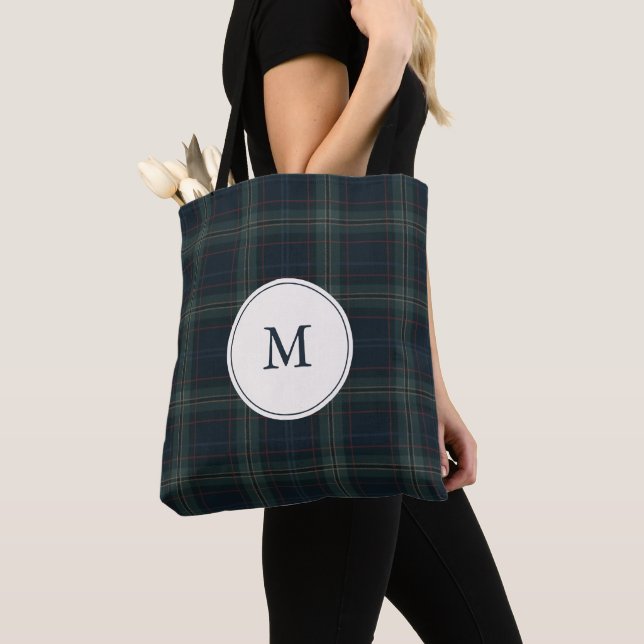 Elegant Navy Blue and Green Plaid Monogram Tote Bag (Close Up)