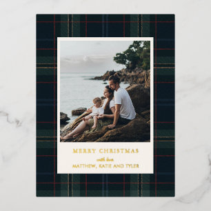 Elegant Navy Blue and Green Plaid Photo Christmas Foil Holiday Postcard