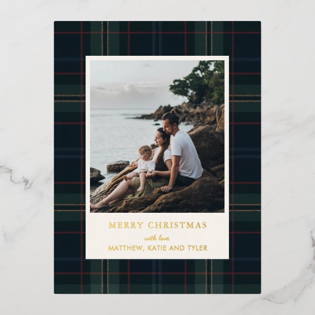 Elegant Navy Blue and Green Plaid Photo Christmas Foil Holiday Postcard (Front)