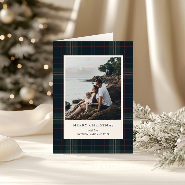 Elegant Navy Blue and Green Plaid Photo Christmas Holiday Card (Creator Uploaded)