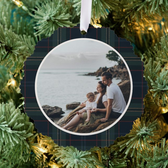 Elegant Navy Blue and Green Plaid Photo Christmas Ornament Card (Insitu (Tree))