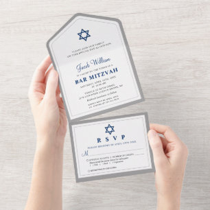 Elegant Navy Blue and Grey Bar Mitzvah All in One  Invitation