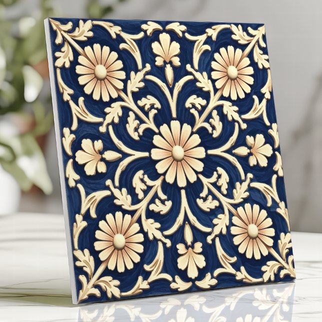 Elegant Navy Blue and Ivory Daisy  Tile (Creator Uploaded)