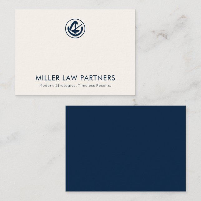 Elegant Navy Blue and Ivory Legal Logo Note Card (Front/Back)