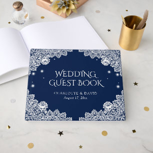 Elegant Navy Blue and Lace Wedding Guest Book
