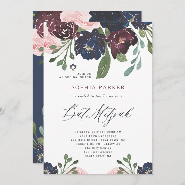 Elegant Navy Blue and Plum Floral | Bat Mitzvah Invitation (Front/Back)