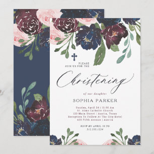 Elegant Navy Blue and Plum Floral   Christening Invitation