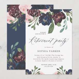 Elegant Navy Blue and Plum Floral Retirement Party Invitation