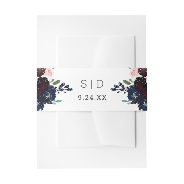 Elegant Navy Blue and Plum Floral | Wedding Invitation Belly Band (Front Example)