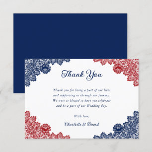 Elegant Navy Blue and Red Floral Lace Wedding Thank You Card