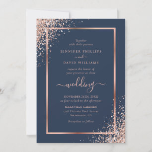 Elegant Navy Blue and Rose Gold Glitter Wedding Invitation