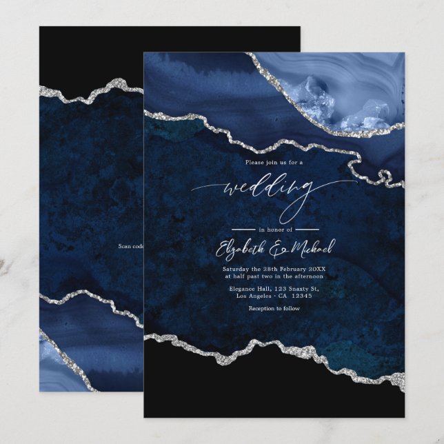 Elegant Navy Blue and Silver Agate Wedding QR Code Invitation (Front/Back)