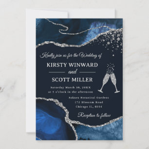 Elegant Navy Blue and Silver Glitter Agate Wedding Invitation