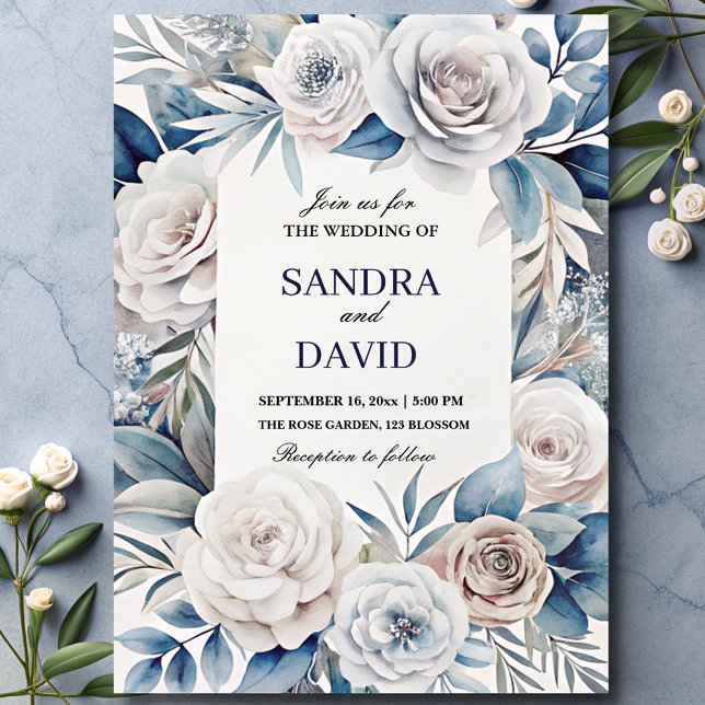 Elegant Navy Blue and Silver  Ivory Floral Wedding Invitation (Creator Uploaded)