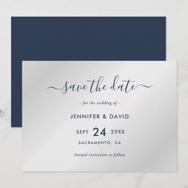 Elegant Navy Blue and Silver Wedding Save The Date (Front/Back)