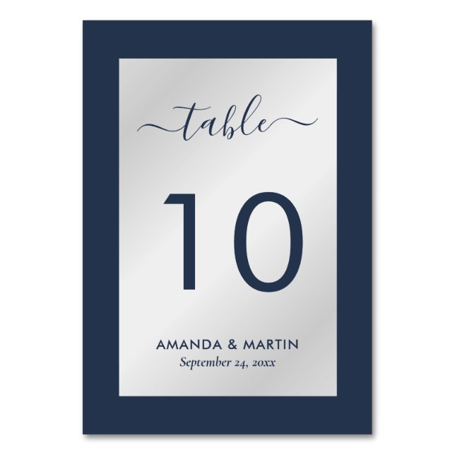 Elegant Navy Blue and Silver Wedding Table Number (Front)