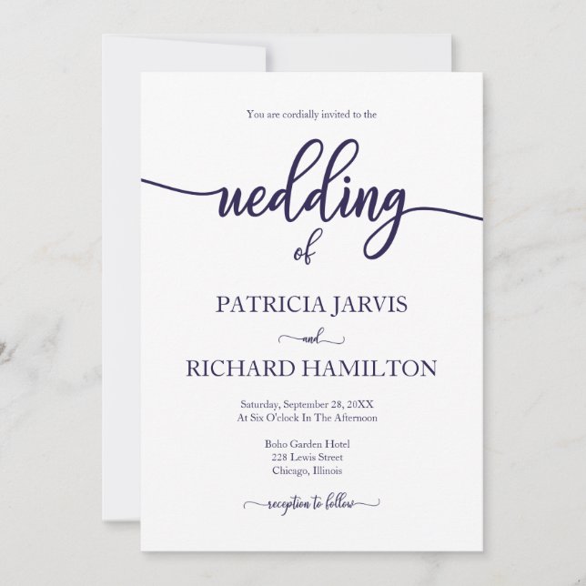 Elegant Navy Blue And White Calligraphy Wedding Invitation (Front)