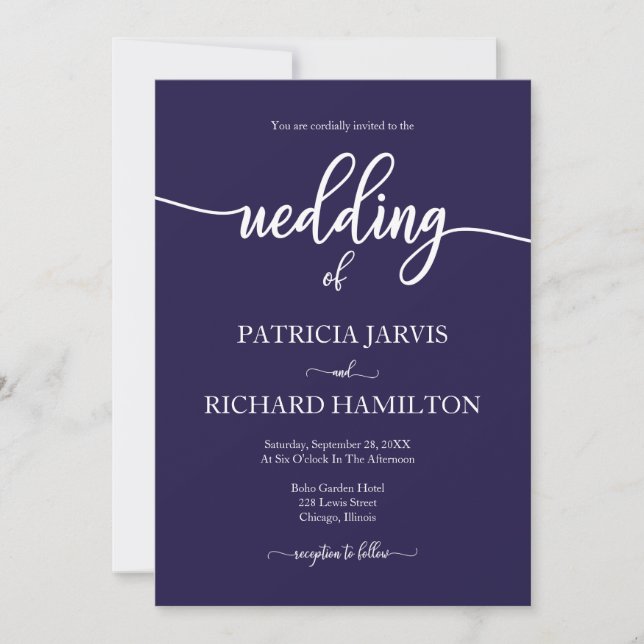 Elegant Navy Blue And White Calligraphy Wedding Invitation (Front)