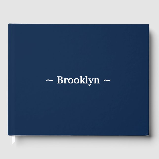 Elegant navy blue and white custom name text guest book (Front)