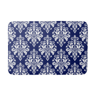 Elegant Navy Blue and White Damask Pattern Bath Mat