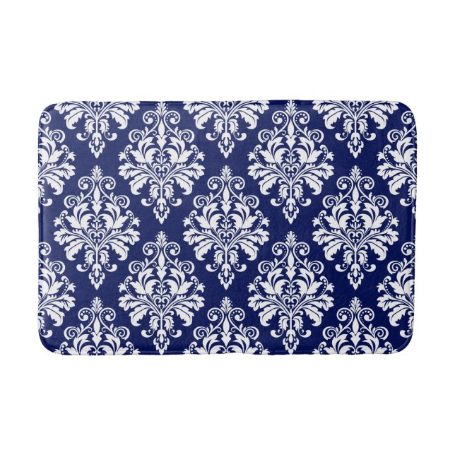 Elegant Navy Blue and White Damask Pattern Bath Mat (Front)