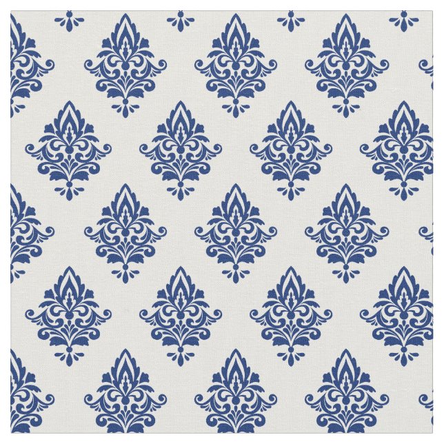 Elegant Navy Blue and White Damask Pattern Fabric (Close Up)