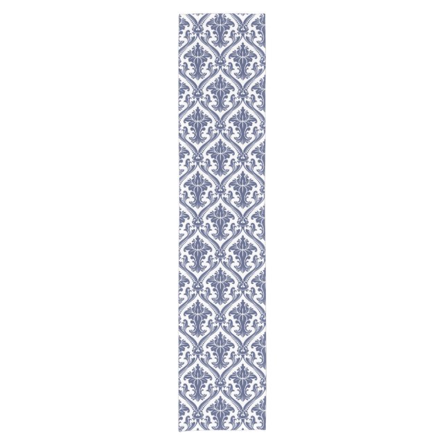 Elegant Navy Blue and White Damask Pattern Short Table Runner (Front)